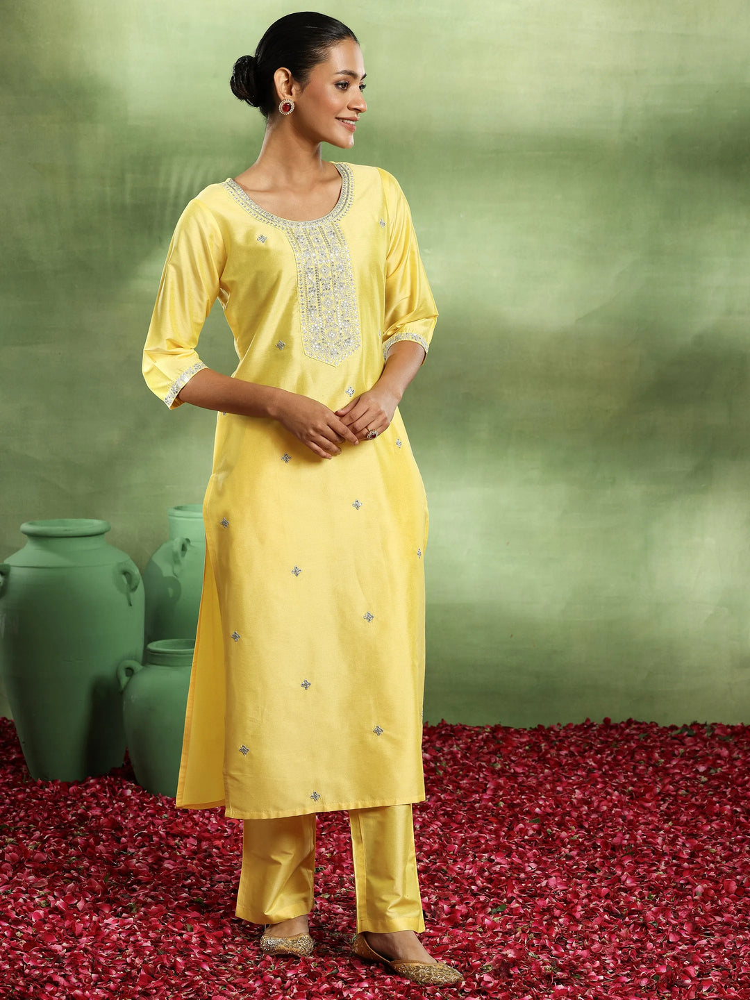 Yellow Embroidered Silk Blend Straight Suit With Dupatta