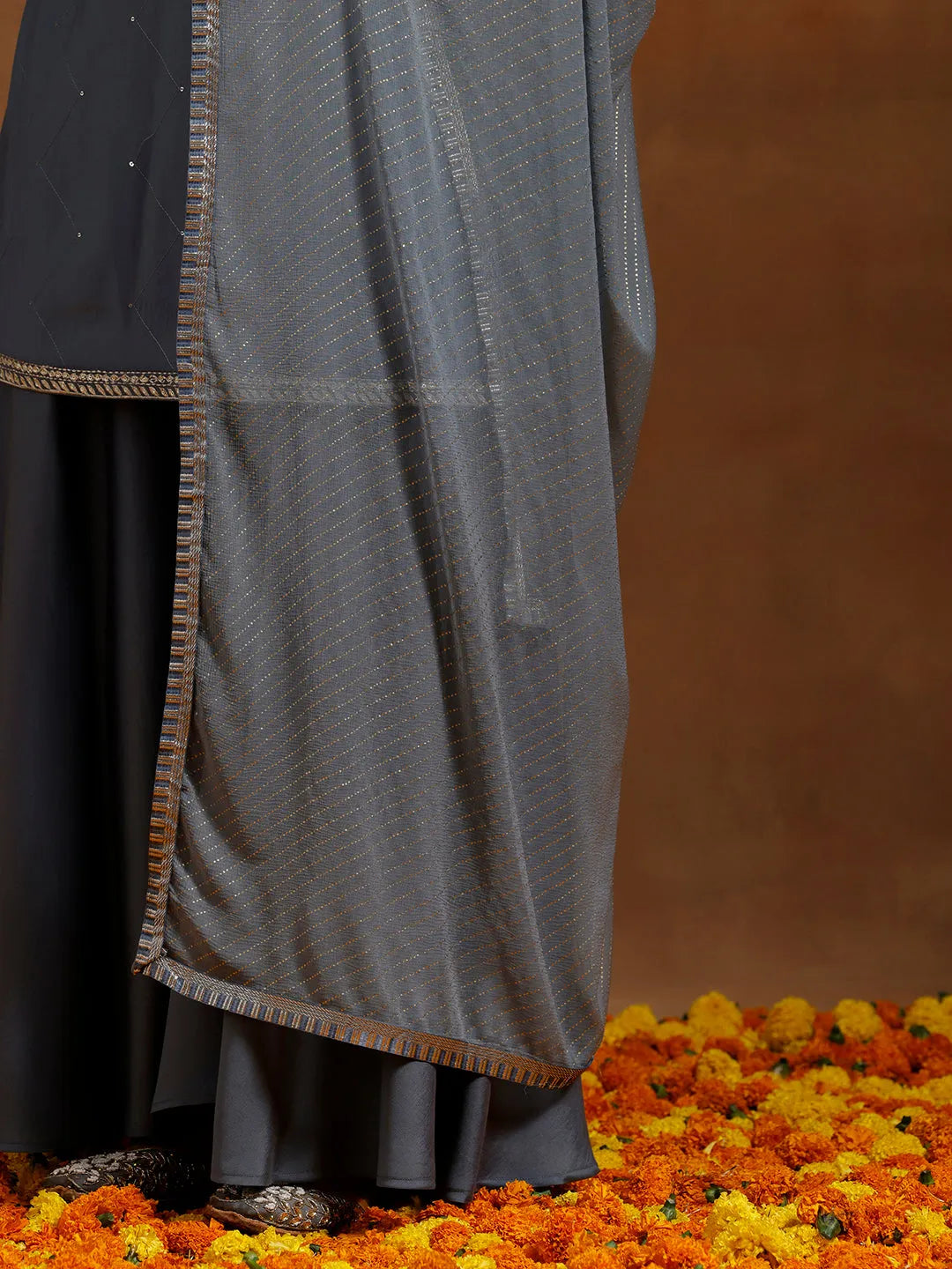 Grey Yoke Design Silk Blend Straight Suit With Dupatta