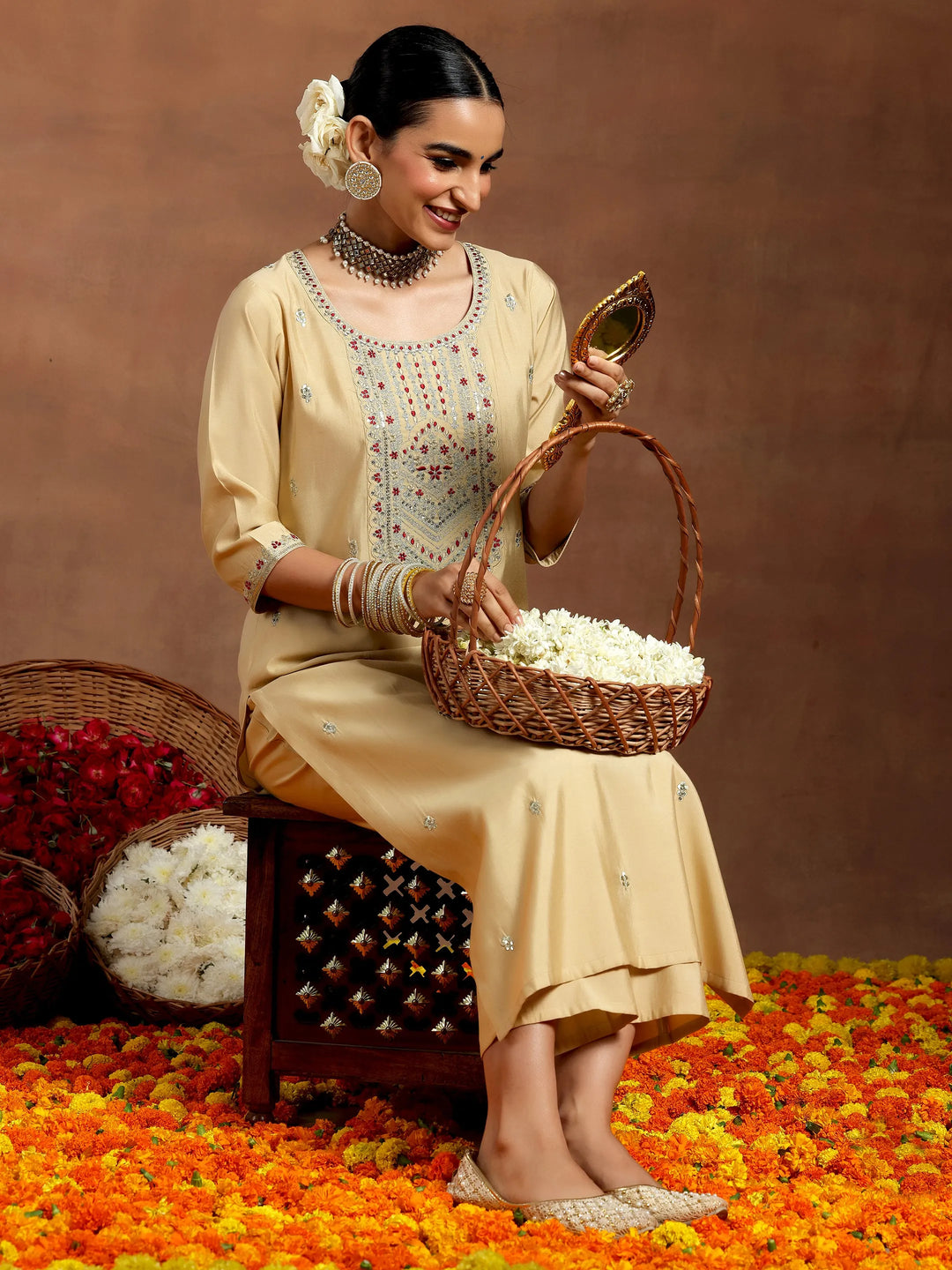 Beige Embroidered Silk Blend Straight Kurta Set