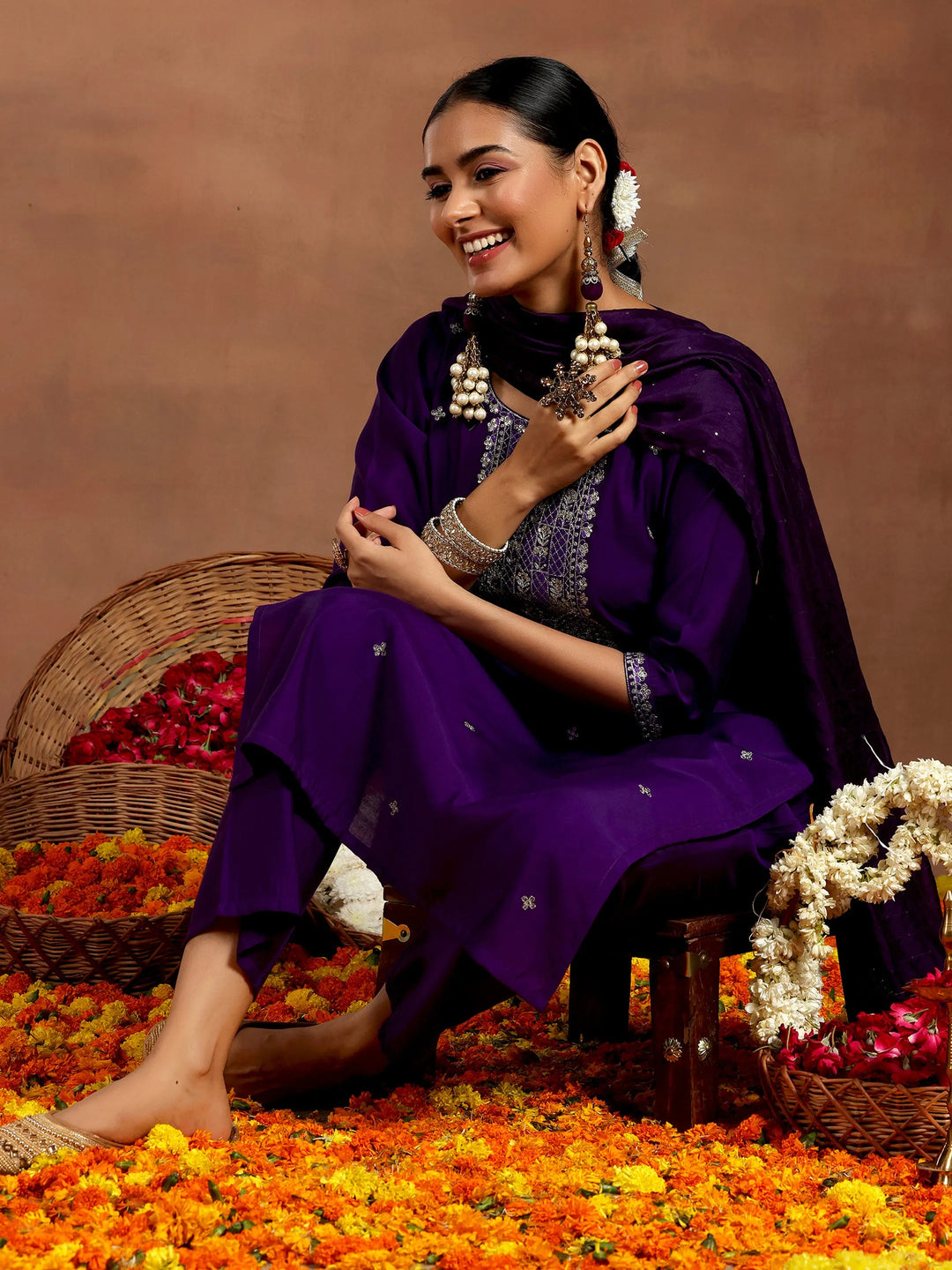 Purple Embroidered Silk Blend Straight Suit With Dupatta