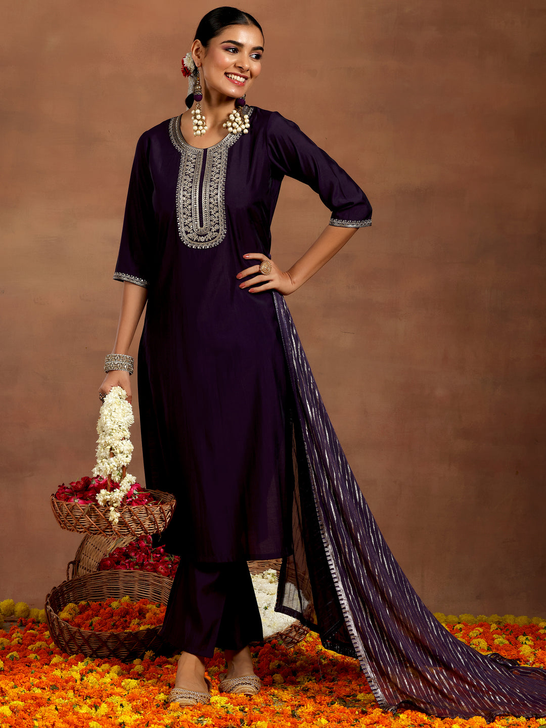 Purple Yoke Design Silk Blend Straight Suit With Dupatta
