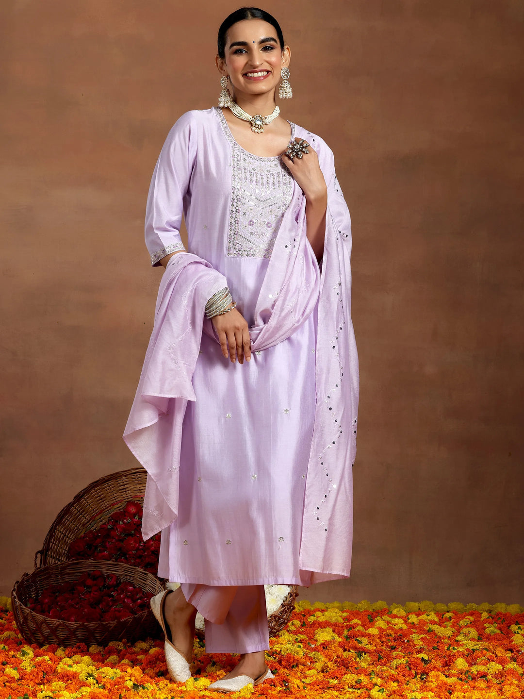 Lavender Yoke Design Silk Blend Straight Suit With Dupatta