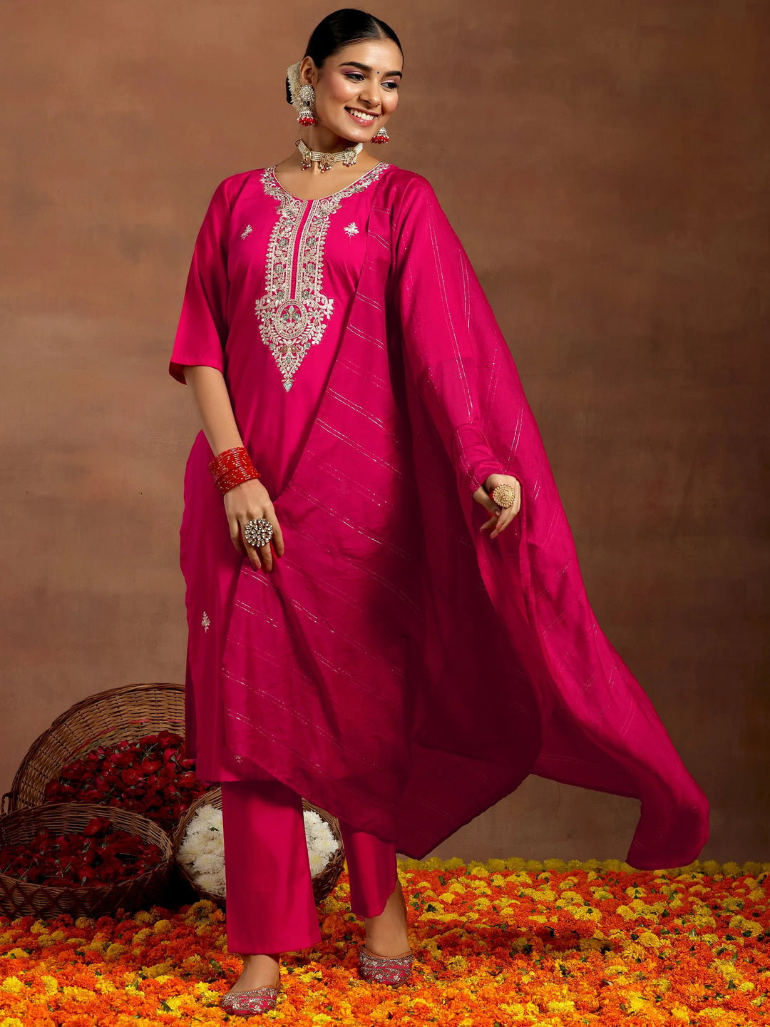 Pink Yoke Design Silk Blend Straight Suit With Dupatta