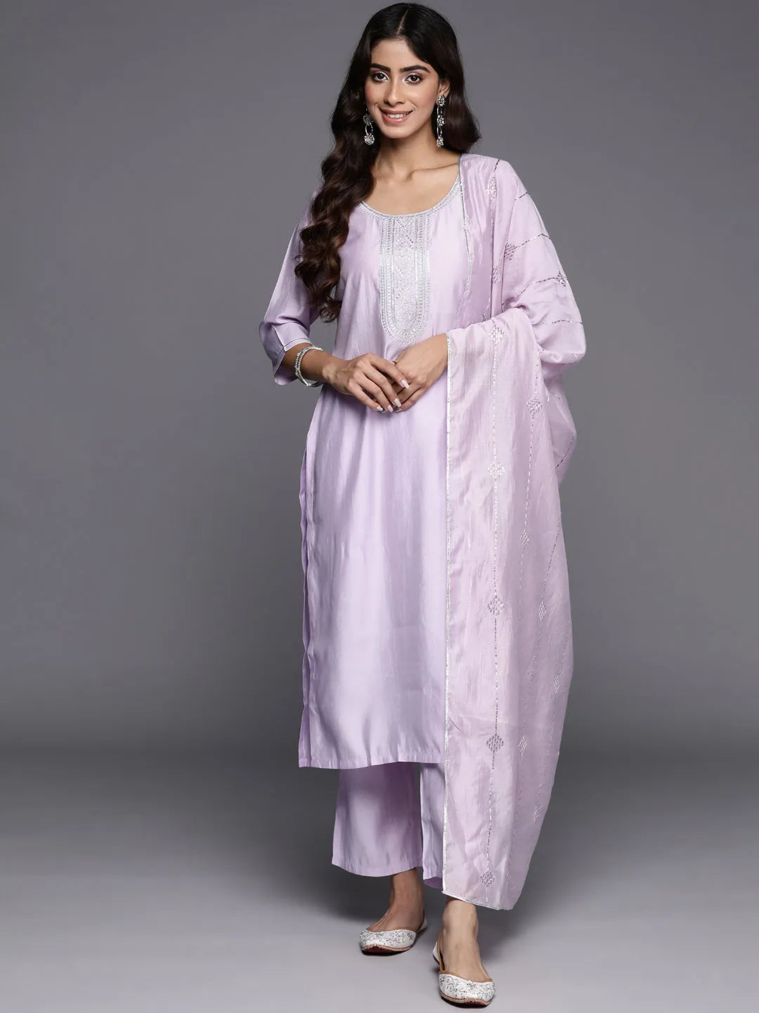 Buy Lavender Yoke Design Silk Blend Straight Suit With Dupatta