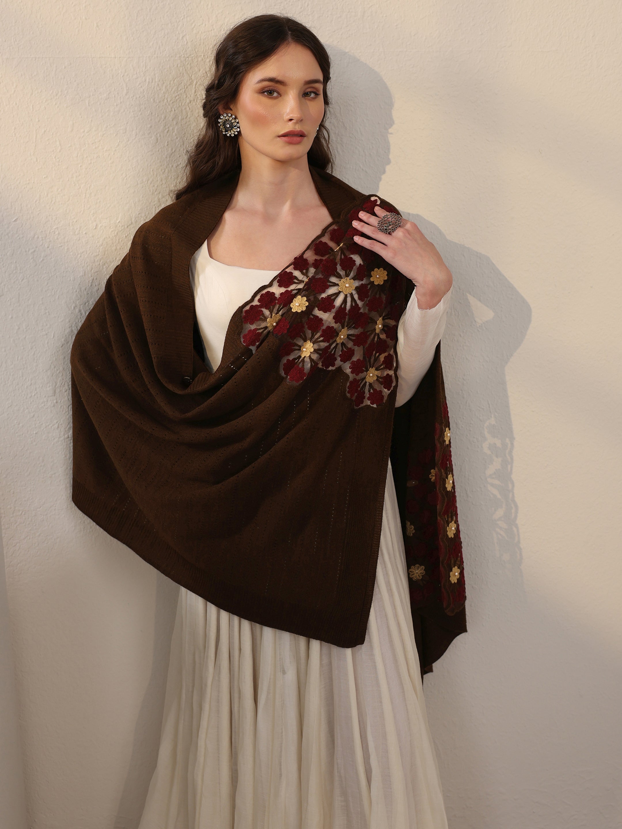Buy Libas Chocolate Brown Floral Embroidered Acrylic Wrap Shawl