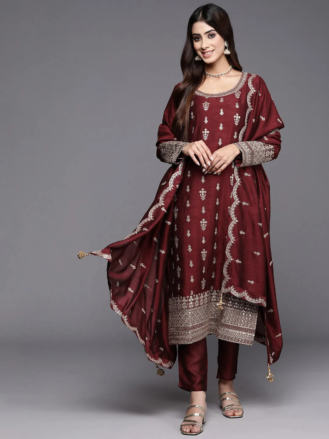 Buy Maroon Embroidered Silk Blend Pakistani Suit Online at Rs.3439 | Libas Buy Maroon Embroidered Silk Blend Pakistani Suit Online at Rs.3439 | Libas