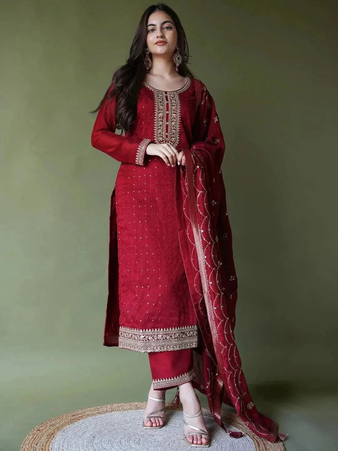 Maroon Embroidered Silk Blend Straight Kurta With Trousers & Dupatta
Maroon Embroidered Silk Blend Straight Kurta With Trousers & Dupatta