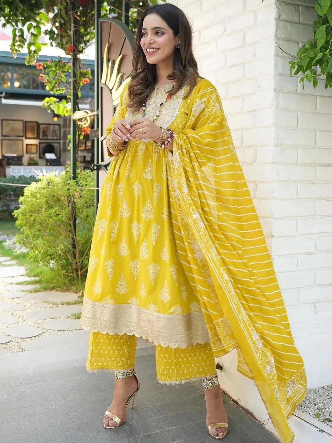Mustard Yoke Design Cotton A-Line Kurta With Palazzos Dupatta