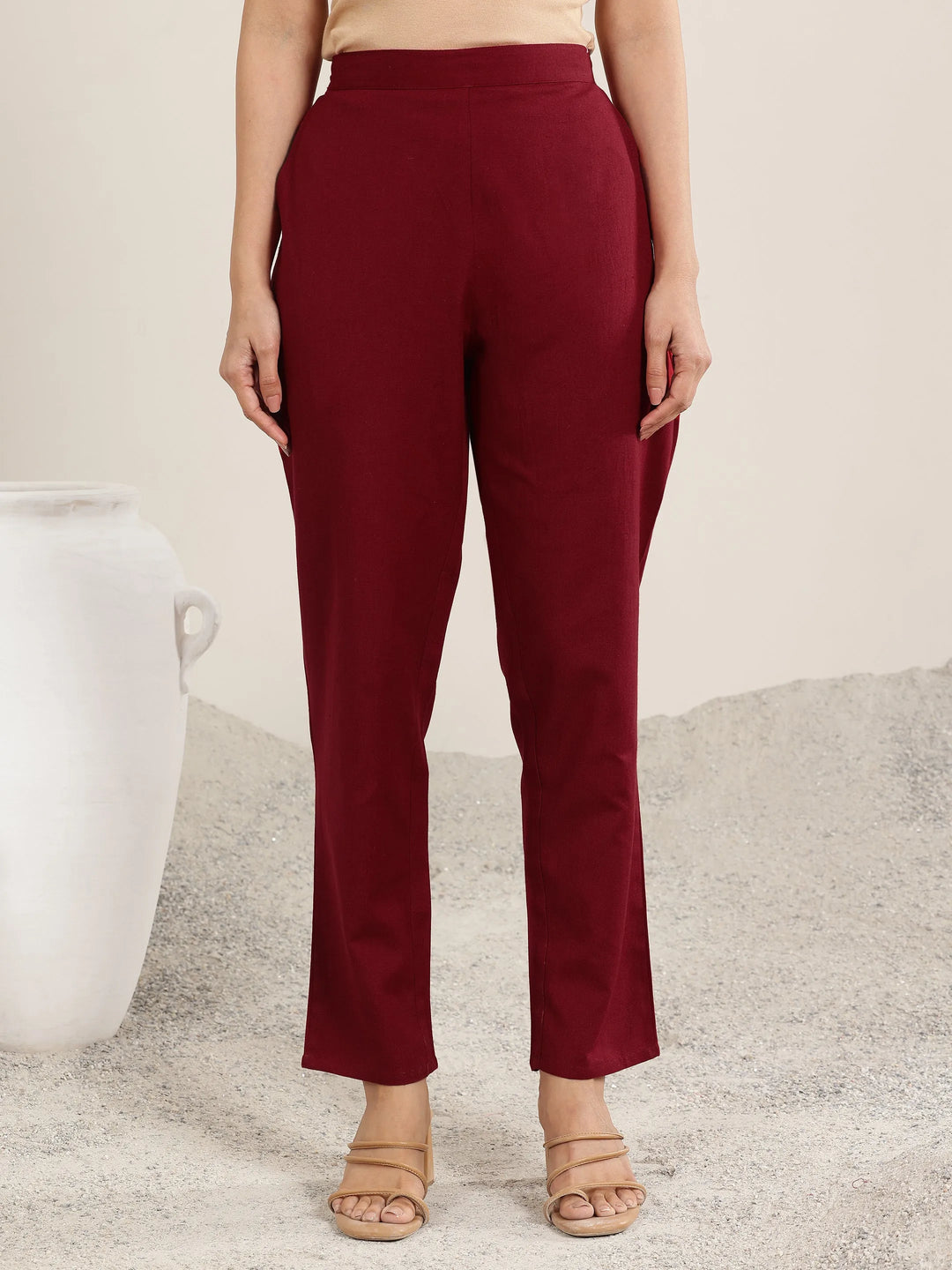 Red Solid Cotton Trousers