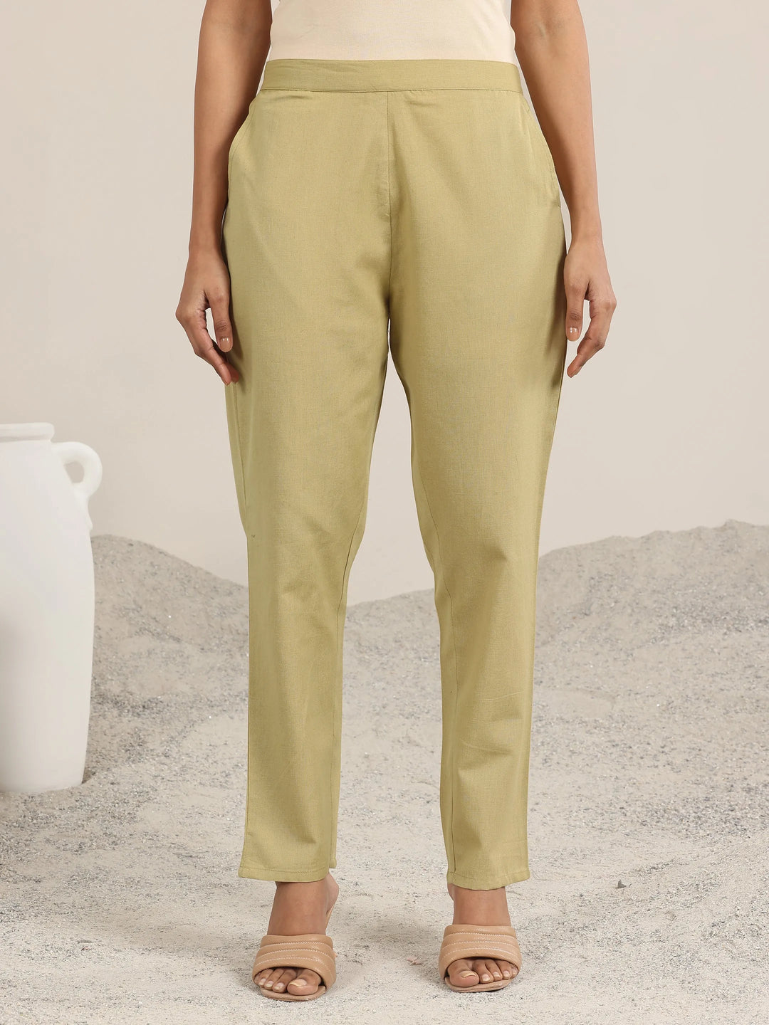 Beige Solid Cotton Trousers