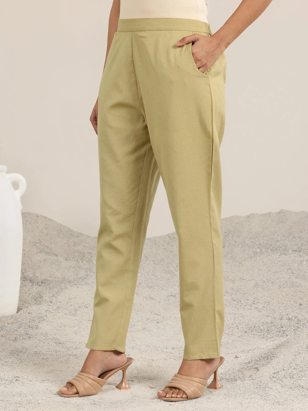Beige Solid Cotton Trousers