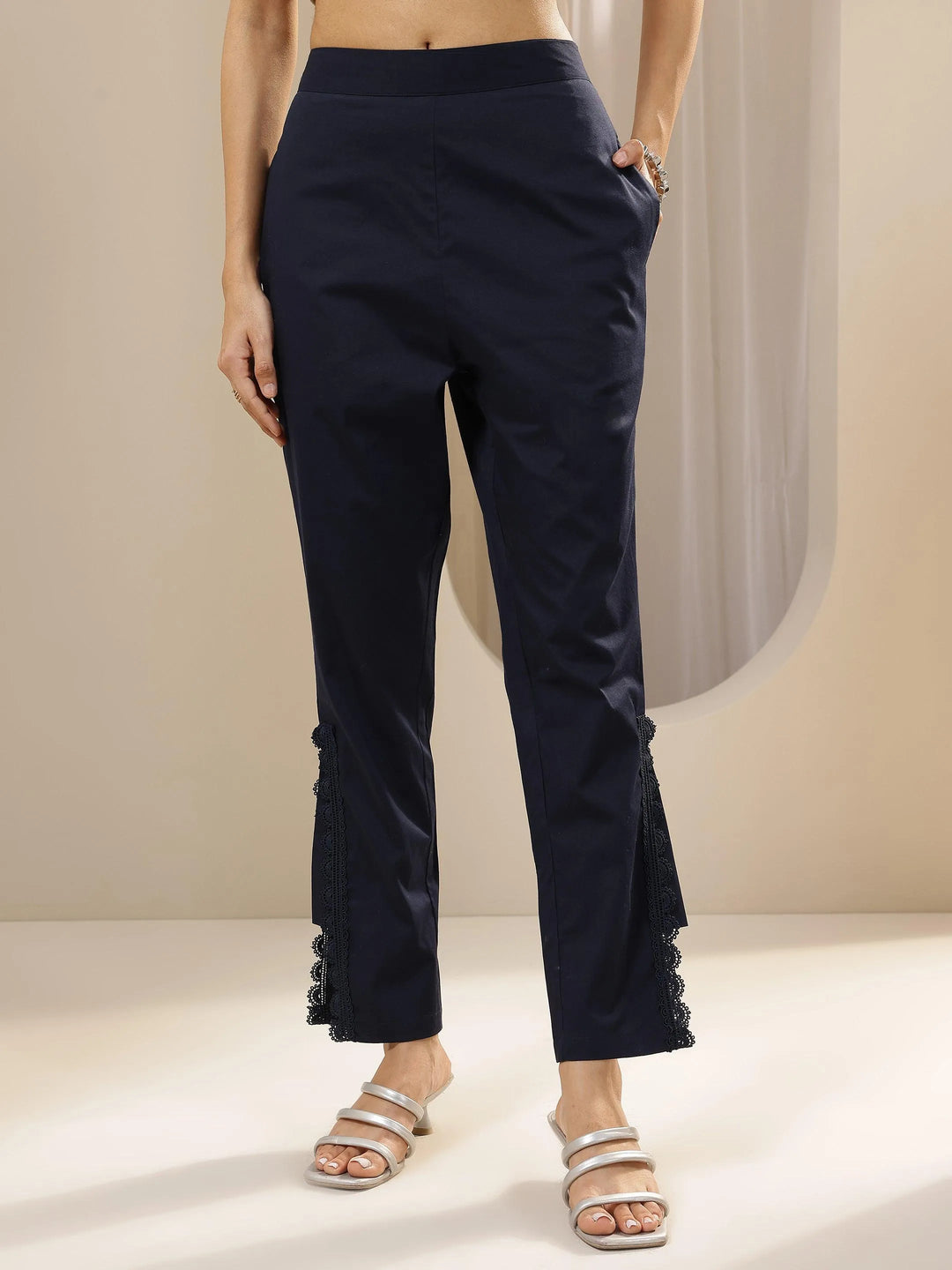 Blue Self Design Cotton Trousers
