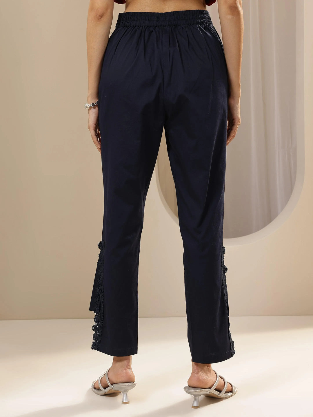 Blue Self Design Cotton Trousers