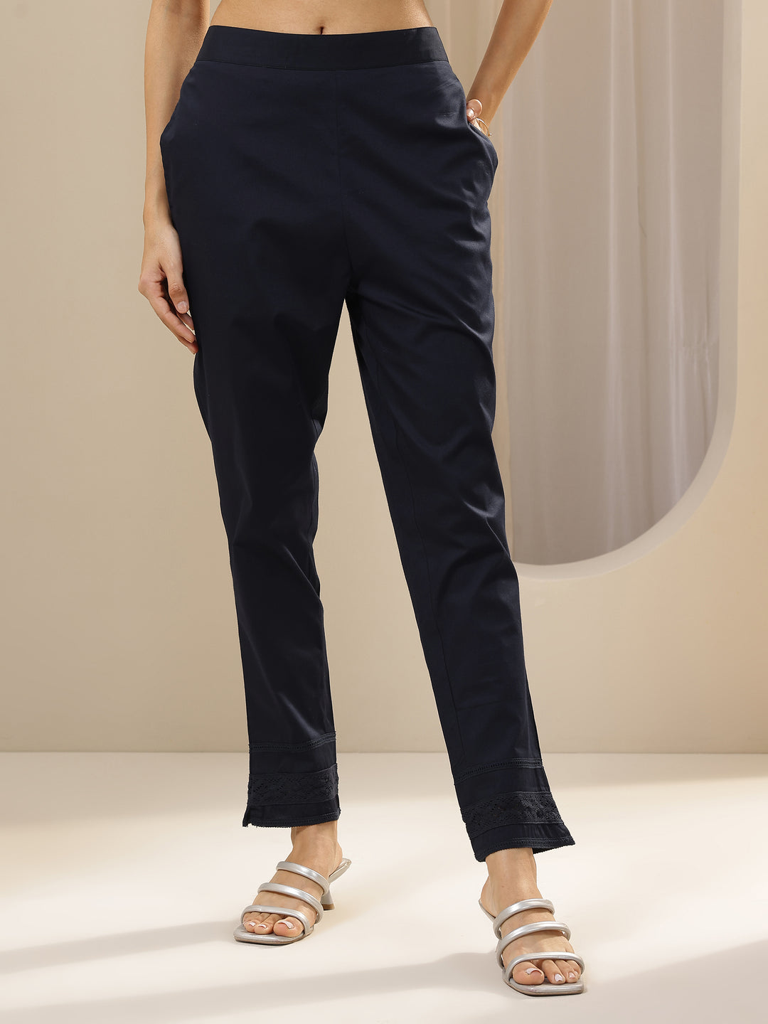 Blue Solid Cotton Trousers