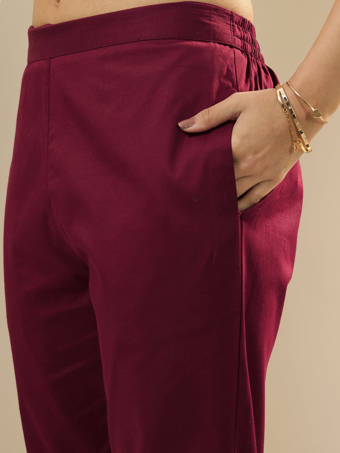 Maroon Solid Cotton Trousers