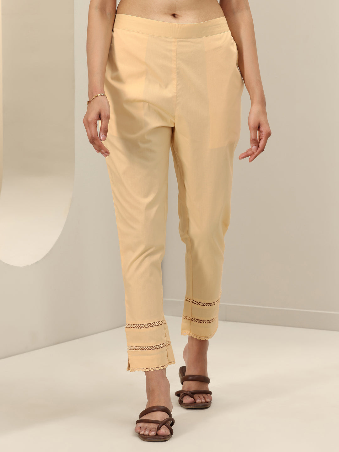 Beige Solid Cotton Trousers