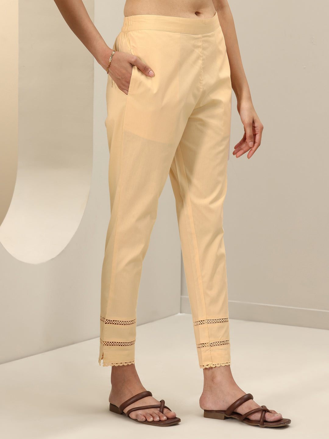 Beige Solid Cotton Trousers