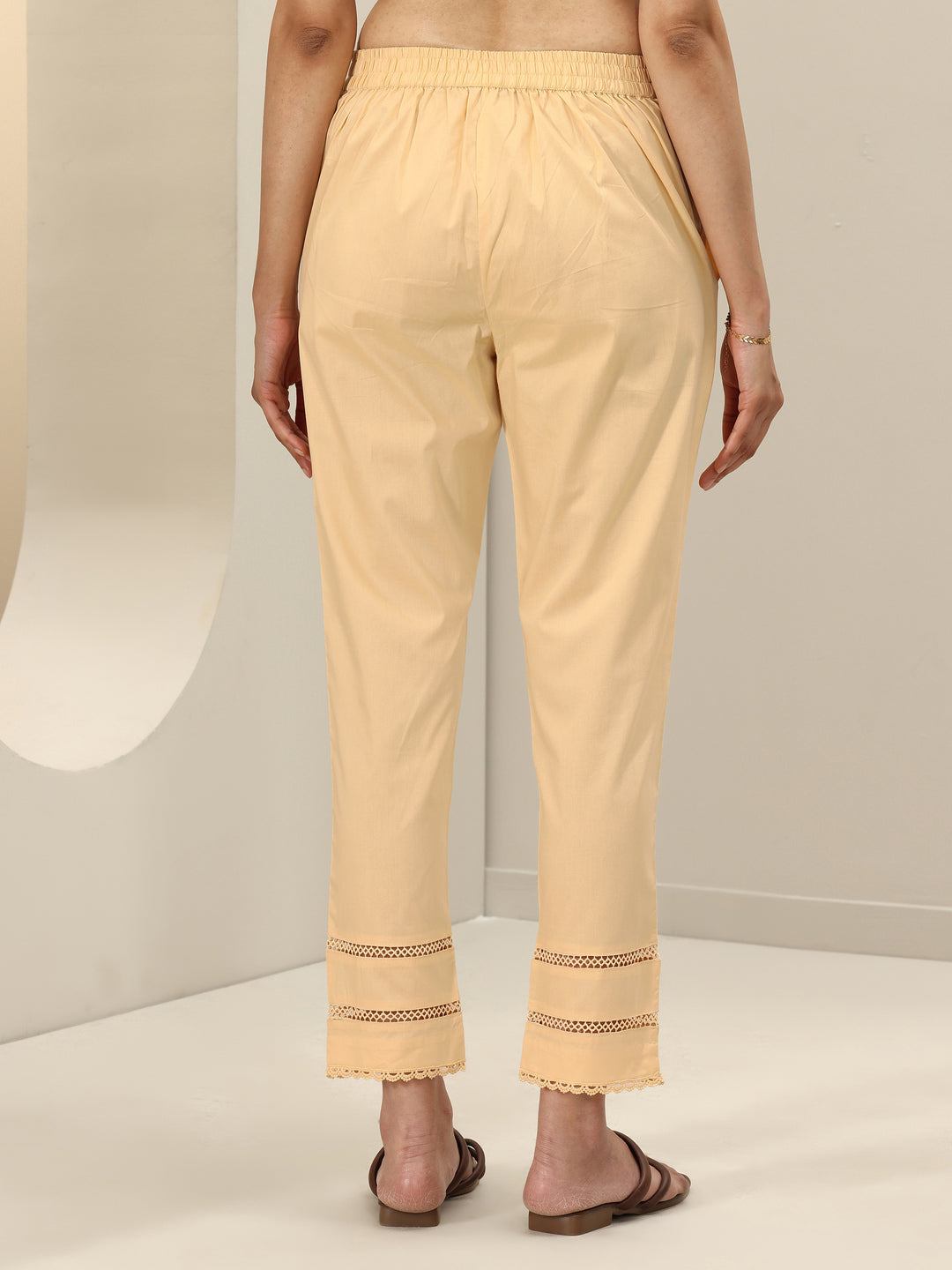 Beige Solid Cotton Trousers