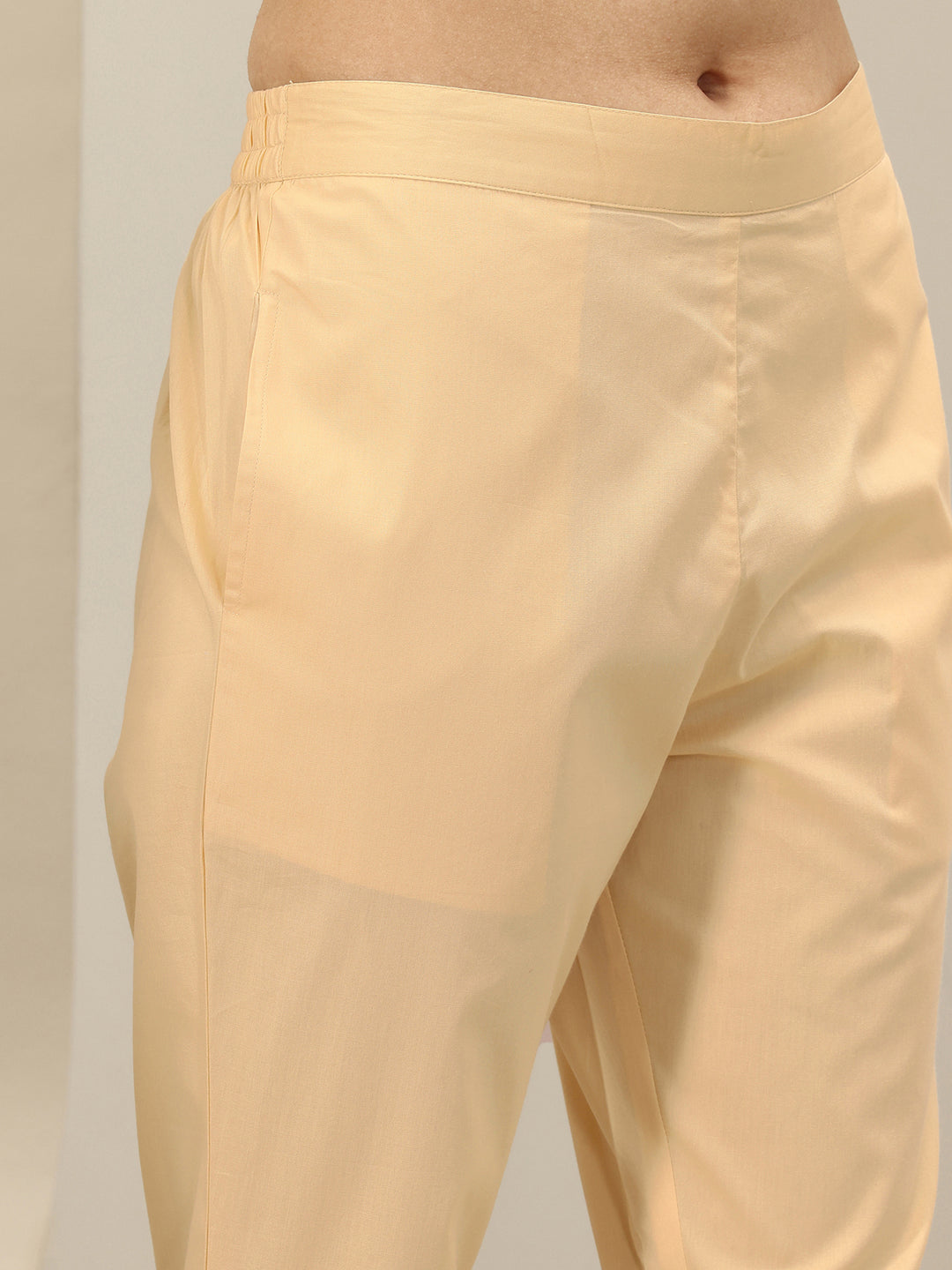 Beige Solid Cotton Trousers