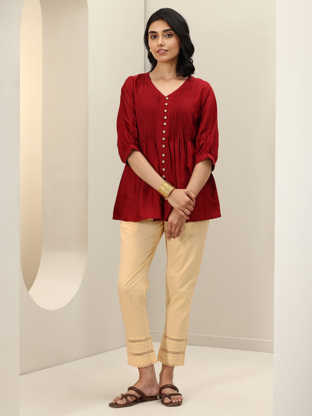 Beige Solid Cotton Trousers