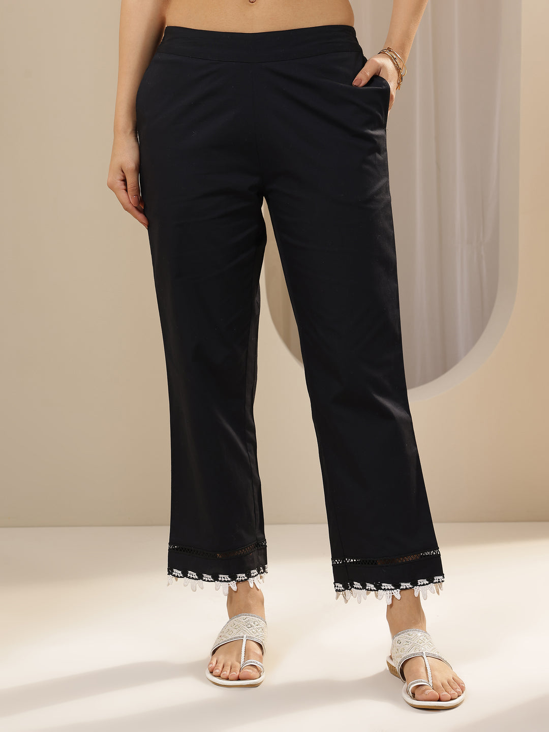 Black Solid Cotton Trousers
