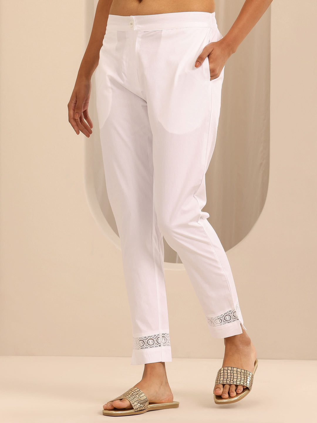White Solid Cotton Trousers
