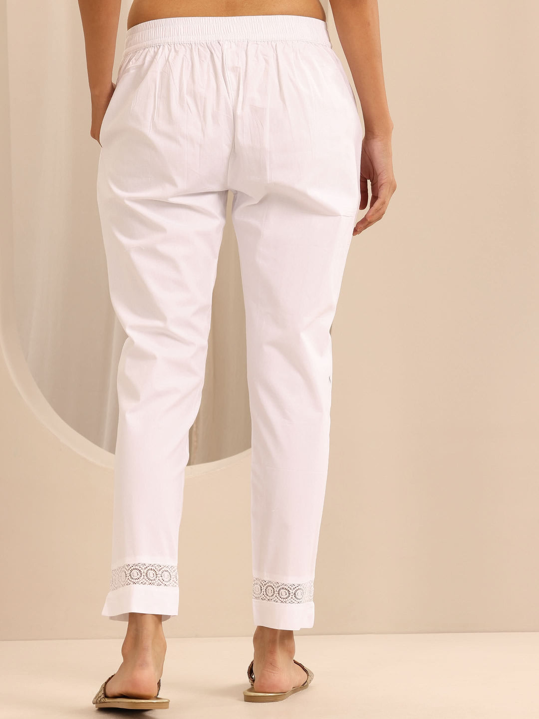 White Solid Cotton Trousers