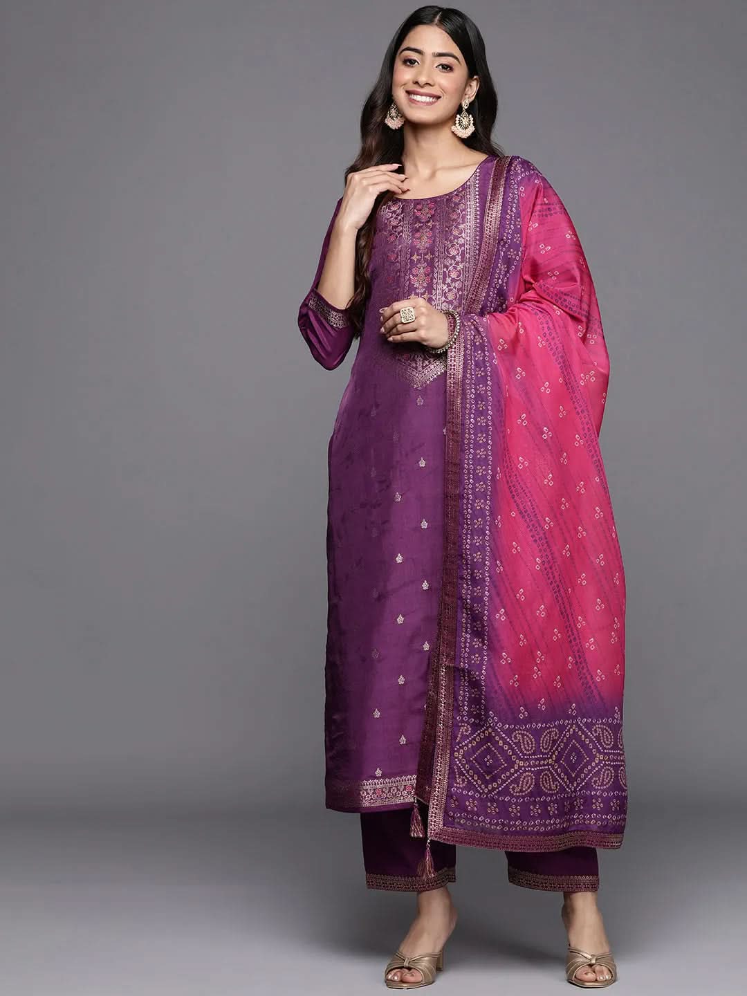 Purple Self Design Silk Blend Straight Kurta With Trousers & Dupatta
Purple Self Design Silk Blend Straight Kurta With Trousers & Dupatta