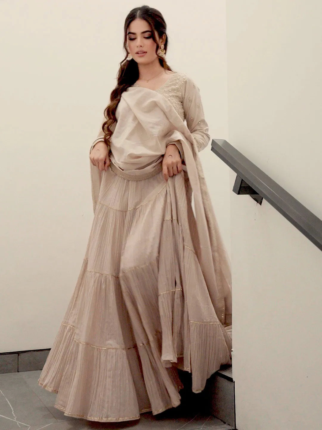 Libas Art Grey Embroidered Cotton Blend A-Line Kurta With Trousers & Dupatta