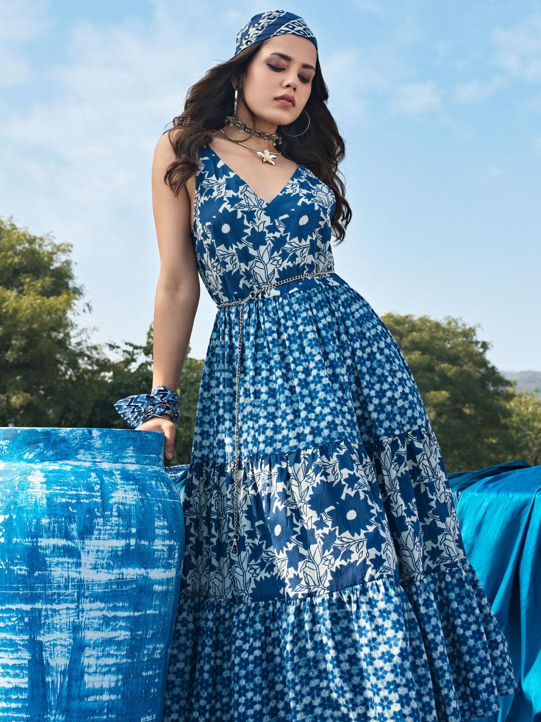 One Piece Dress Western Style Long Dresses Indigo Printed Cotton