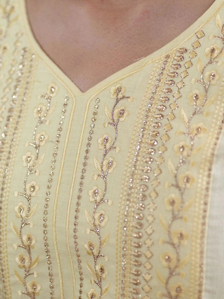 Beige Embroidered Cotton Kurta With Mask - Libas