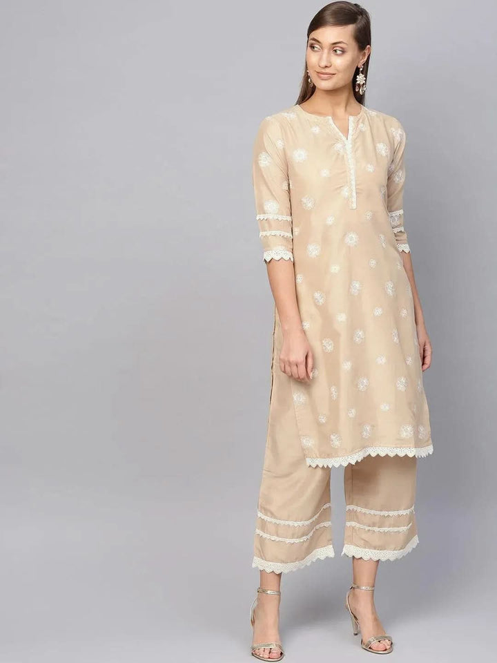 Beige Embroidered Muslin Kurta Set - Libas