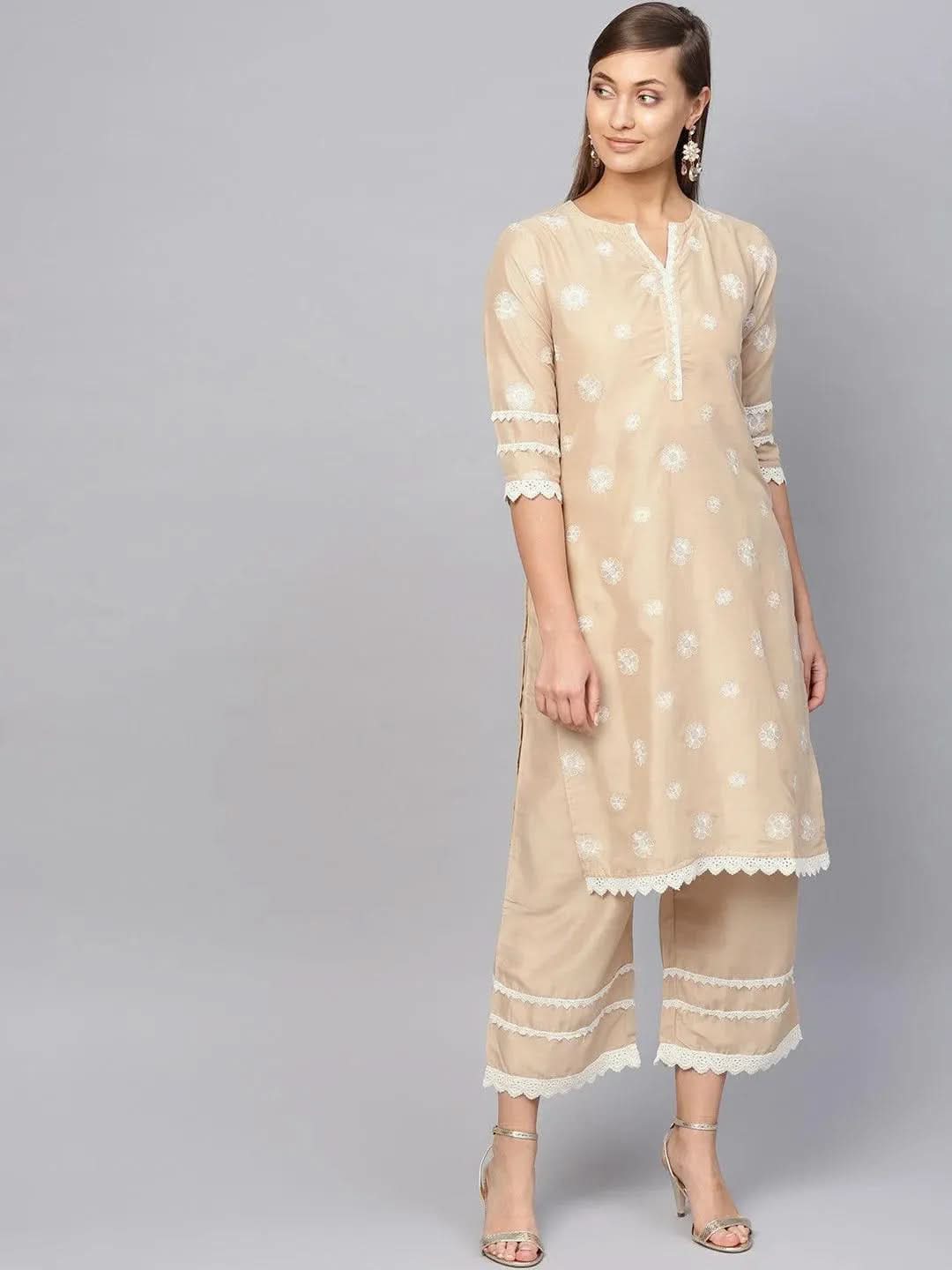Beige Embroidered Muslin Straight Kurta With Palazzos
Beige Embroidered Muslin Straight Kurta With Palazzos