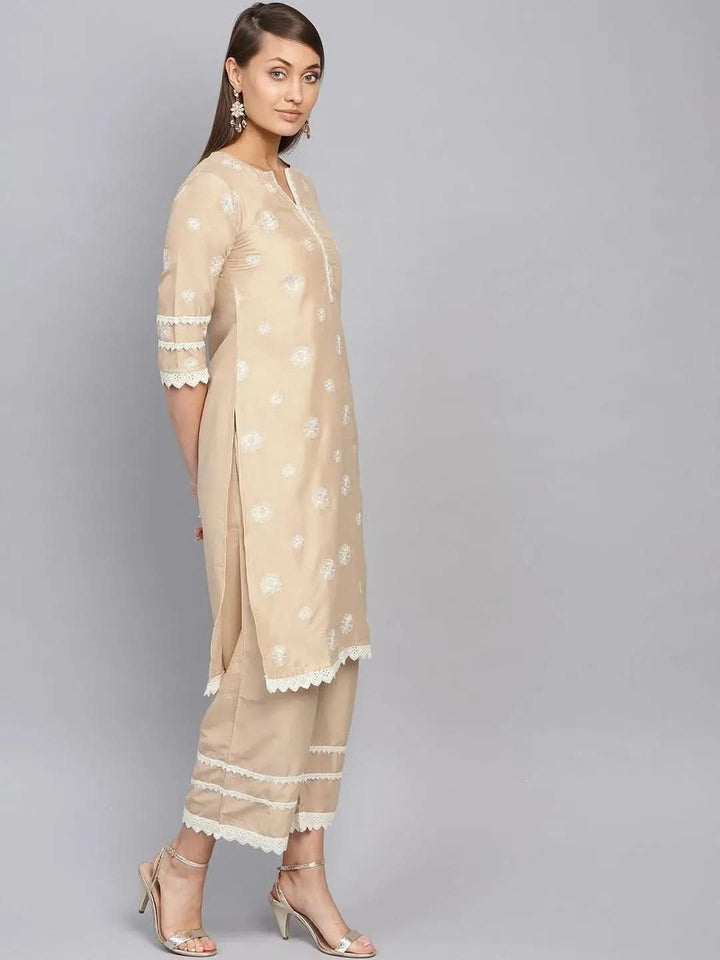 Beige Embroidered Muslin Kurta Set - Libas