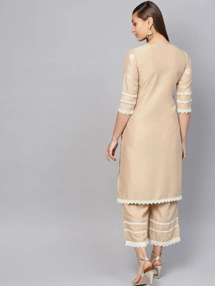Beige Embroidered Muslin Kurta Set - Libas