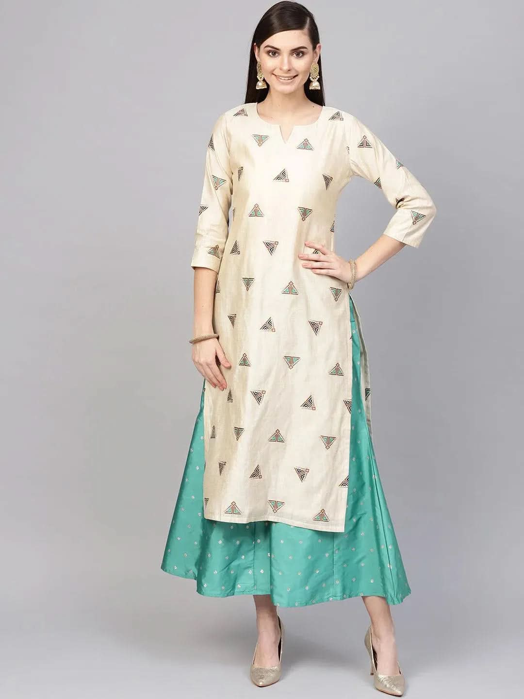 Beige Embroidered Polyester Kurta Set - Libas