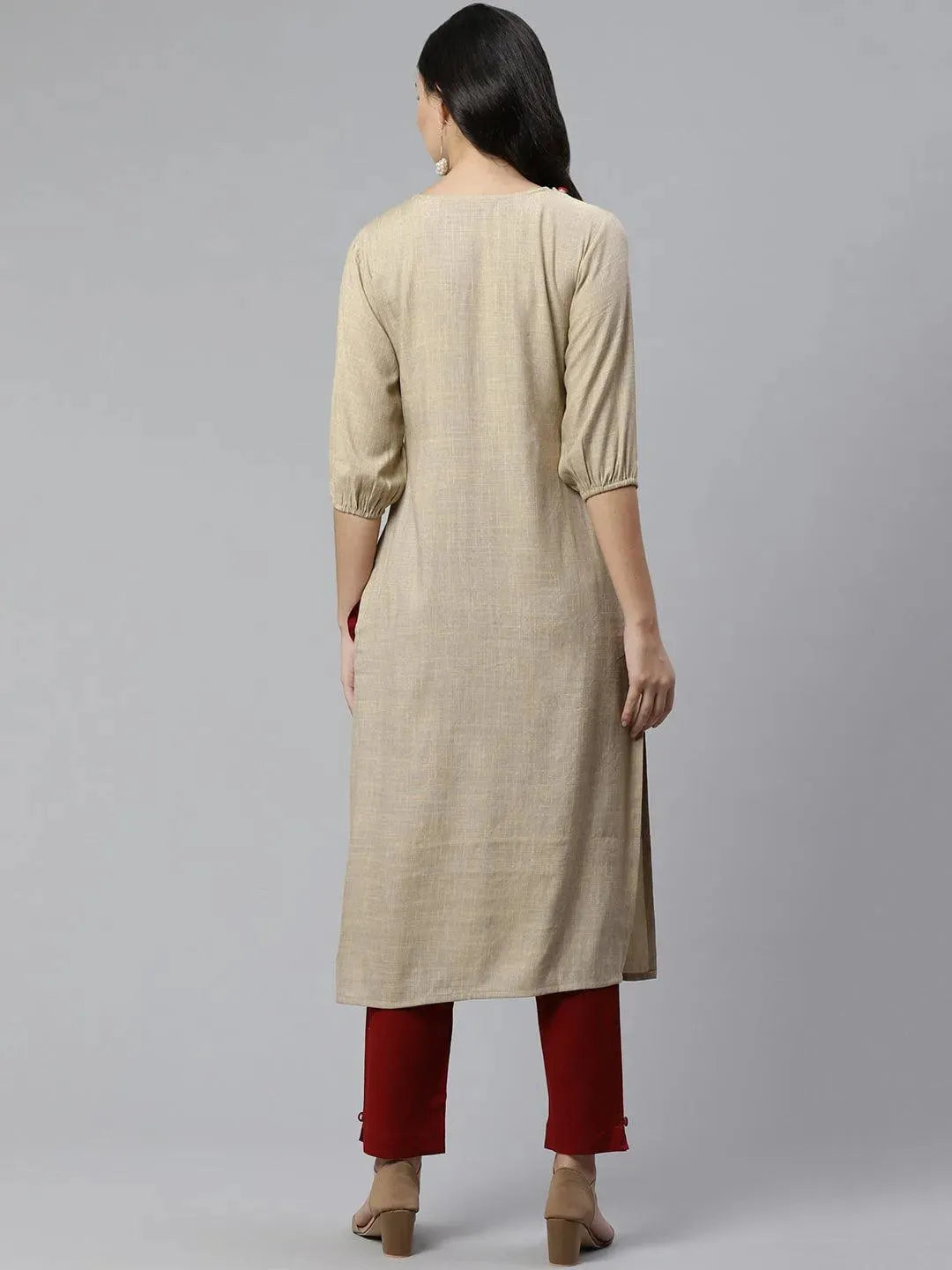 Beige Embroidered Rayon Kurta - Libas