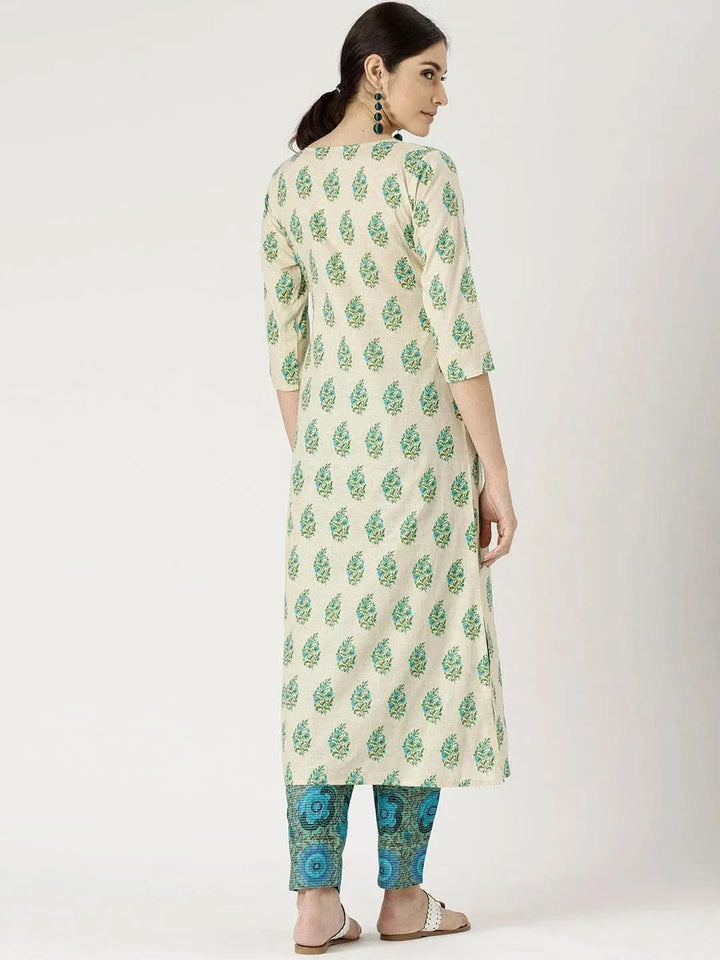 Beige Printed Cotton Kurta Set - Libas
