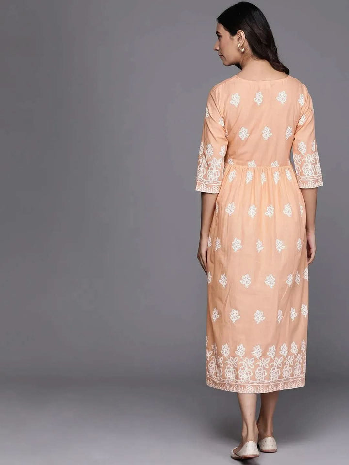 Beige Printed Cotton Dress - Libas