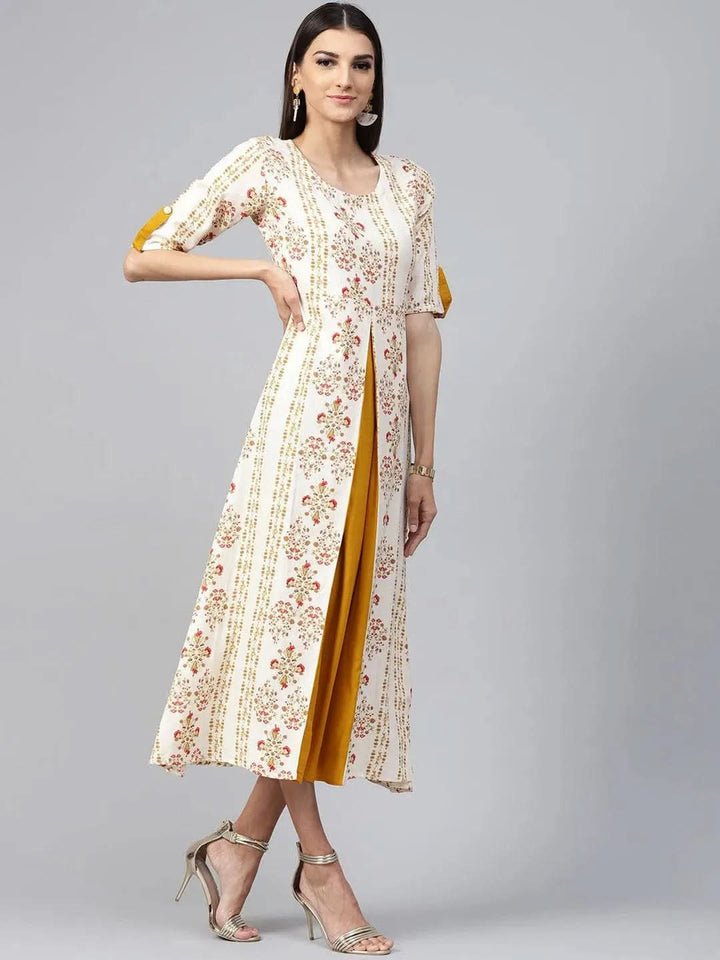 Beige Printed Cotton Dress - Libas