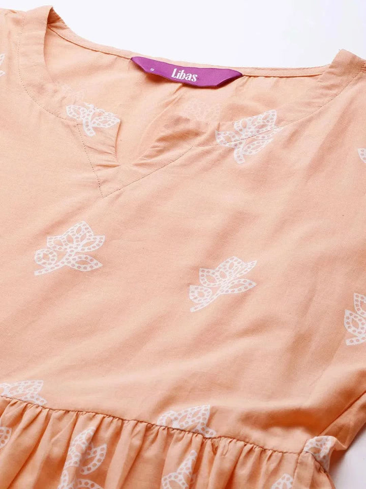 Beige Printed Cotton Dress - Libas