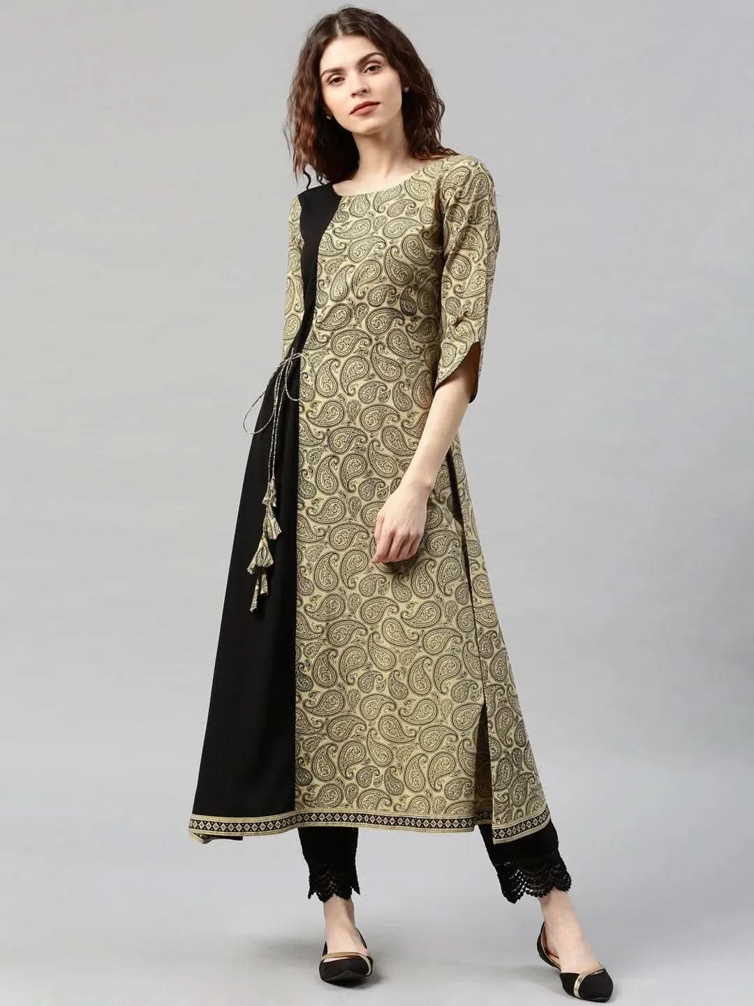 Beige Printed Cotton Kurta - Libas