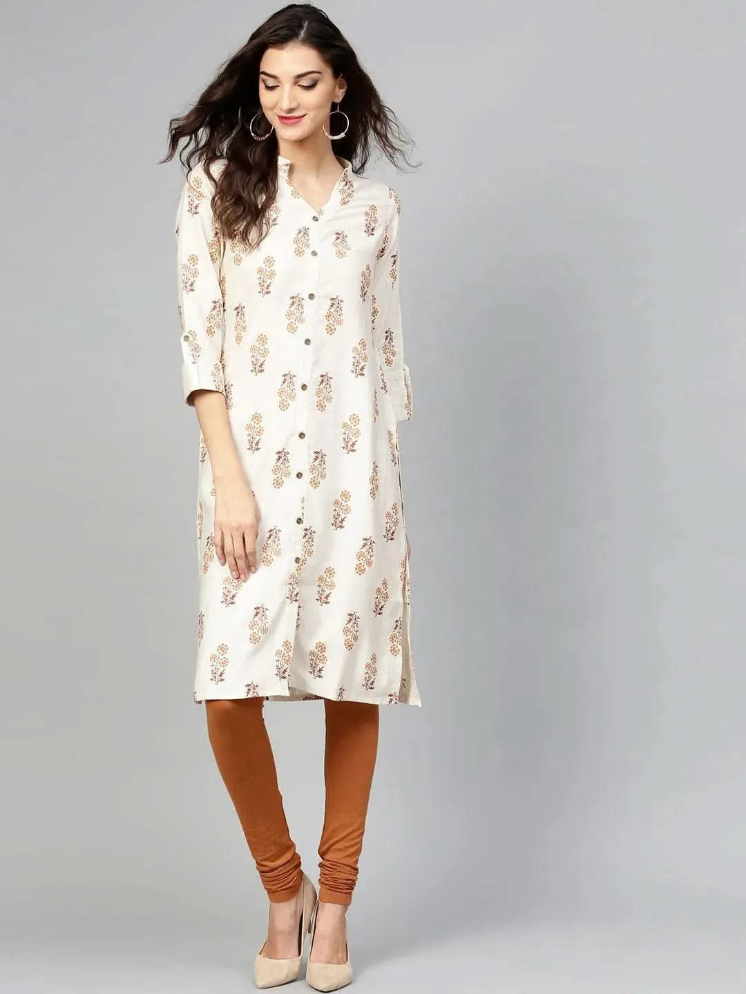 Beige Printed Cotton Kurta - Libas