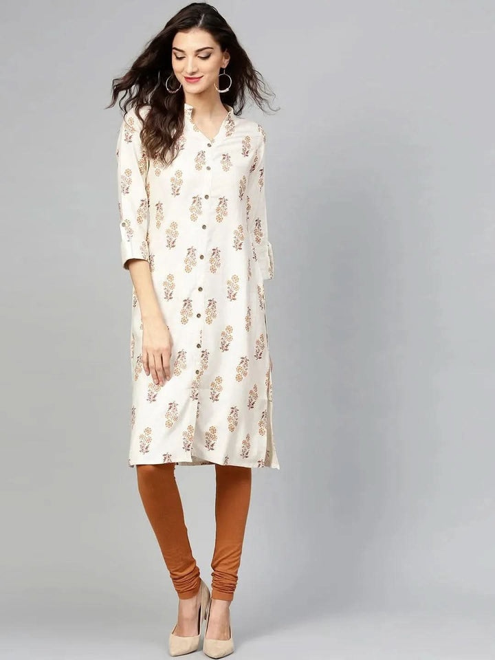 Beige Printed Cotton Kurta - Libas