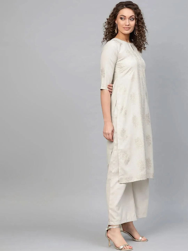 Beige Printed Cotton Kurta - Libas