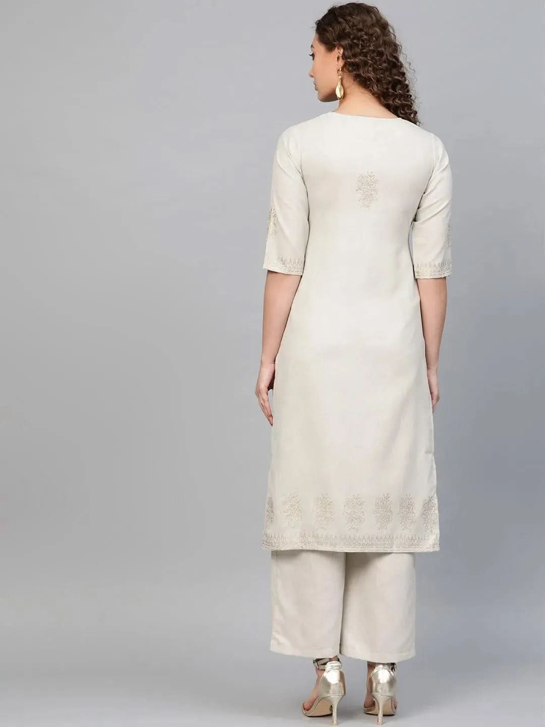 Beige Printed Cotton Kurta - Libas