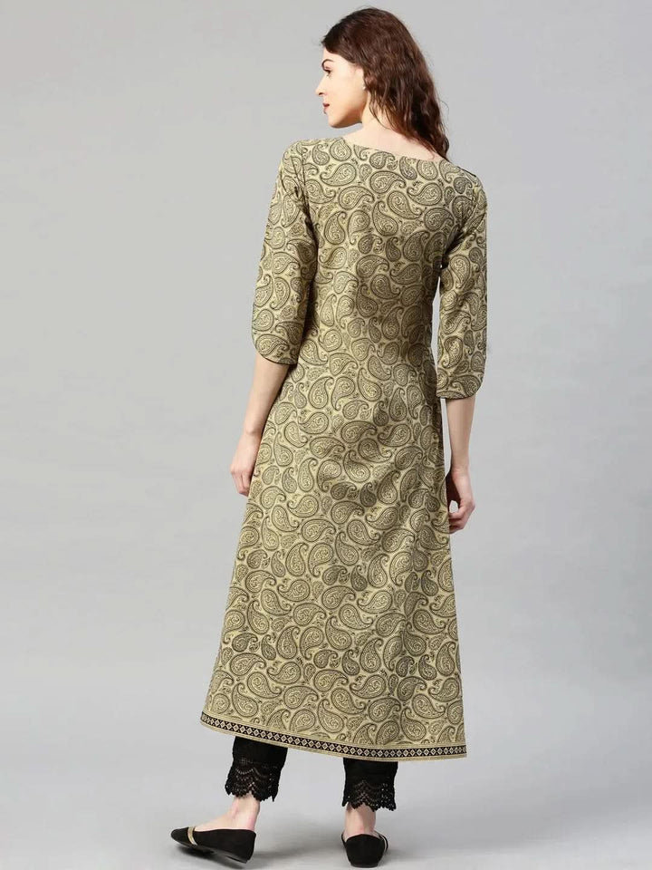 Beige Printed Cotton Kurta - Libas