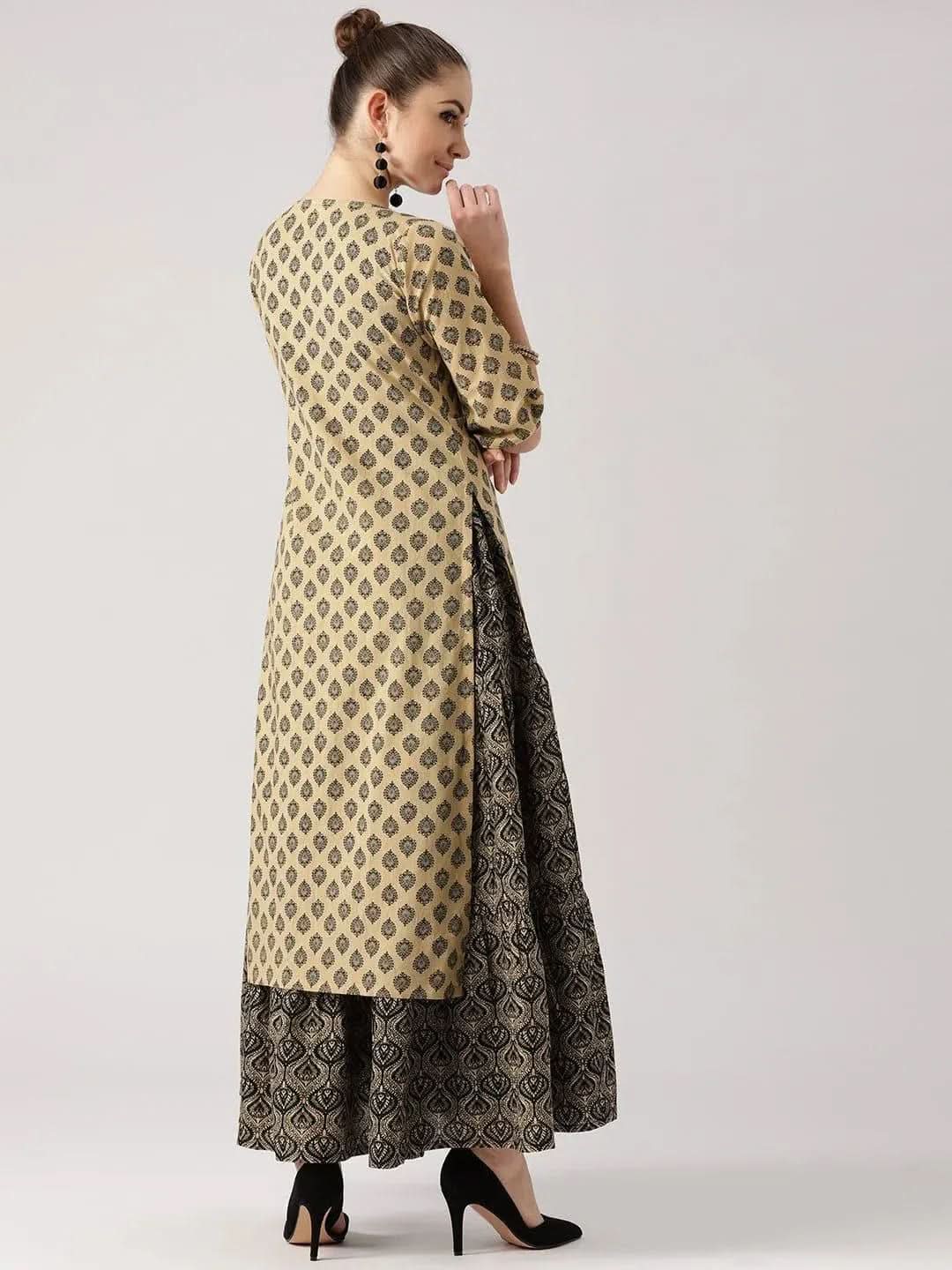 Beige Printed Cotton Kurta With Jacket - Libas
