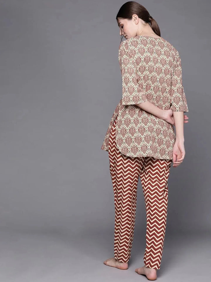 Beige Printed Cotton Night Suit - Libas