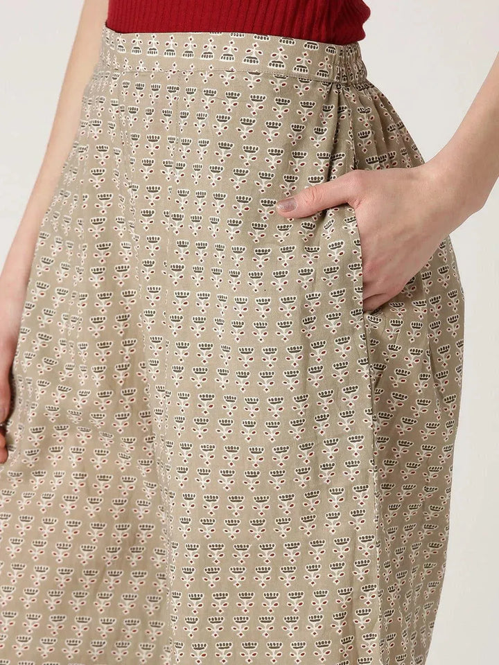 Beige Printed Cotton Palazzos - Libas